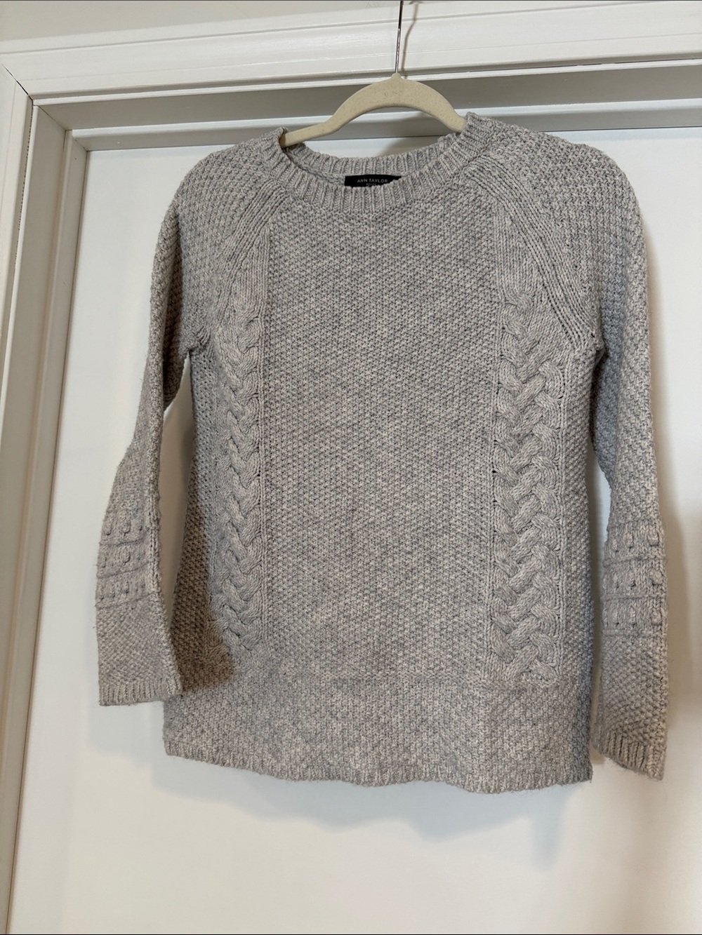 Ann Taylor Light Gray Cable Crewneck Sweater
